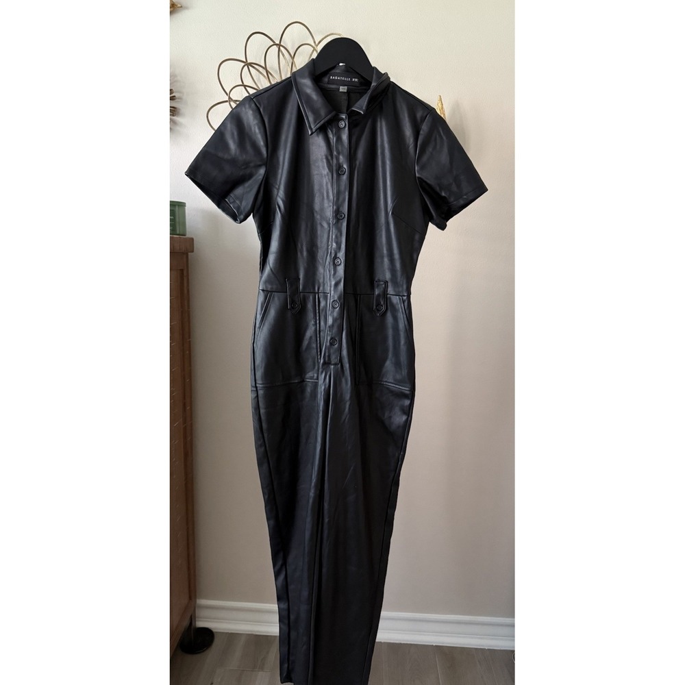 Bagatelle NYC Faux Leather Jumpsuit Women‎ XS Black Utility Button Front Edgy